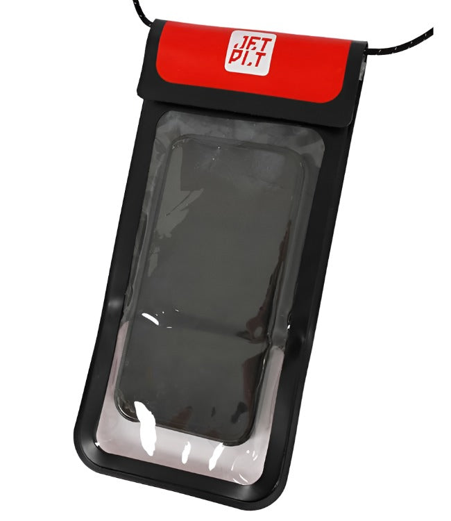 Jetpilot Venture Red Waterproof Phone Pouch in-use lifestyle shot on jet ski deck