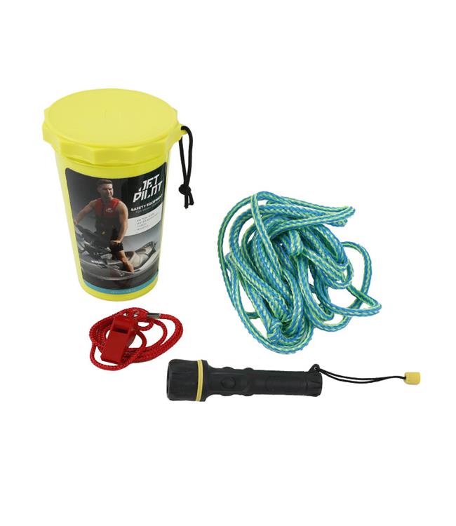 Jetpilot Marine Safety Kit container showing tow rope, signalling kit, and floating bucket bundle