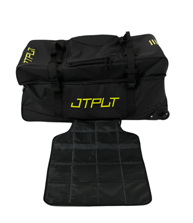 Jetpilot Vault 180L Black Gear Bag wheel base detail showing reinforced inline trolley wheels