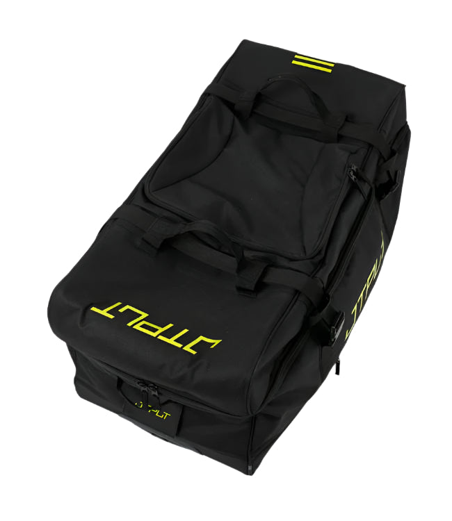 Jetpilot Vault 180L Black Gear Bag full upright view showing oversized rolling duffel proportions
