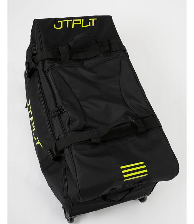 Jetpilot Vault 180L Black Gear Bag rear panel view showing brand stamp and ID tag pocket