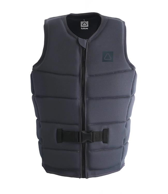 Follow Corp Black Mens Life Vest - front view of Level 50S certified fully segmented foam flex panels