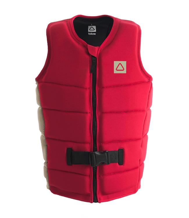 Follow Corp Red Mens Life Vest - front view of Level 50 certified segmented foam panels for jetski use