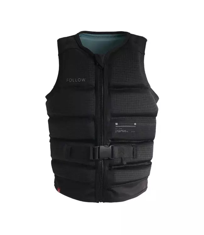 Follow P1 Traction Black Womens Life Vest - front view of Level 50S certified recycled polyester panels