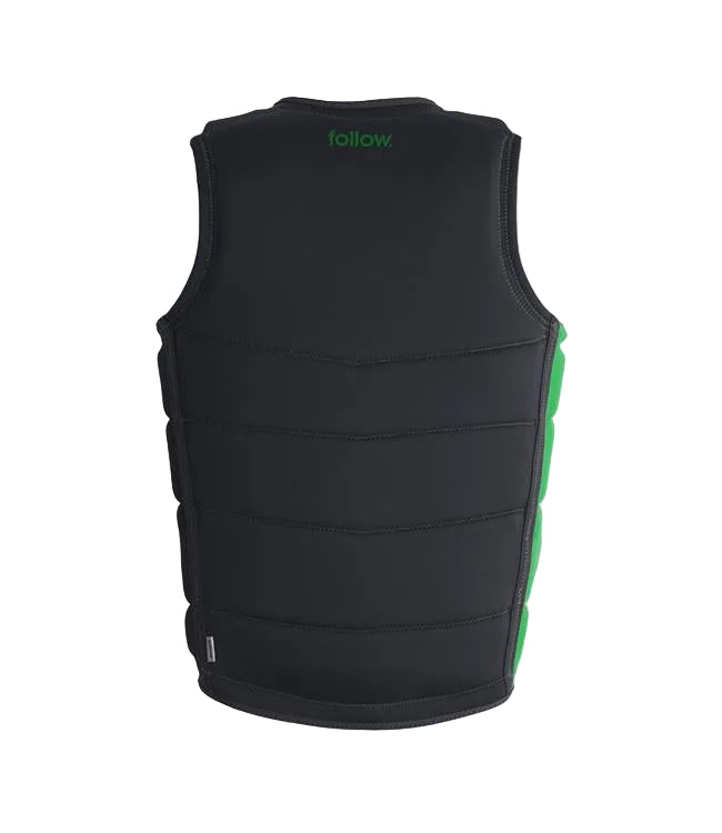 Follow Corp Black/Green Mens Life Vest - back view showing segmented foam panels and side straps