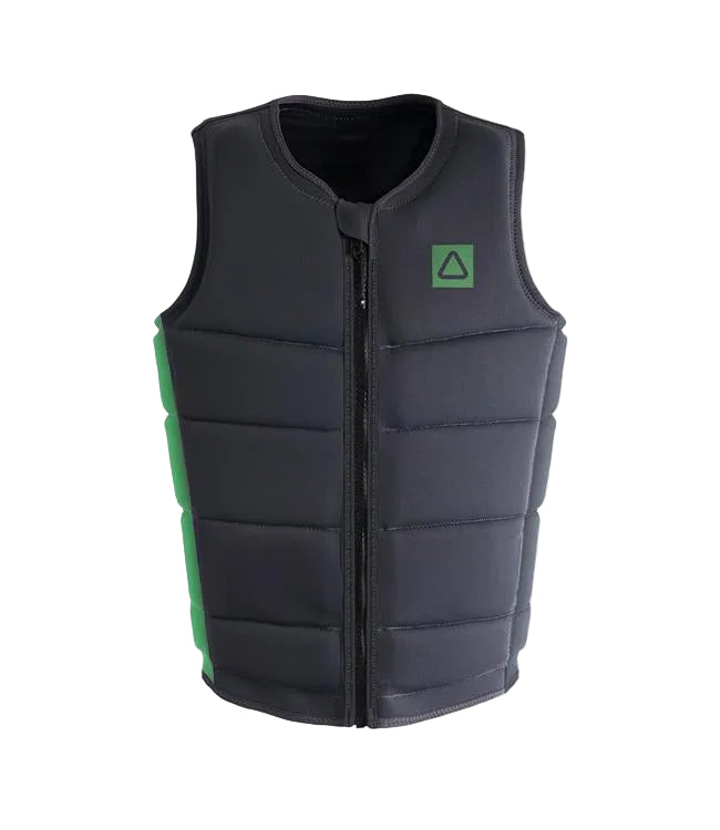Follow Corp Black/Green Mens Life Vest - front view of Level 50S certified segmented foam flex panels