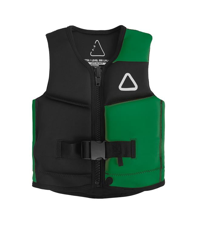 Follow Corp Infant Black/Green Life Vest for kids - front view of Level 50S certified foam panels