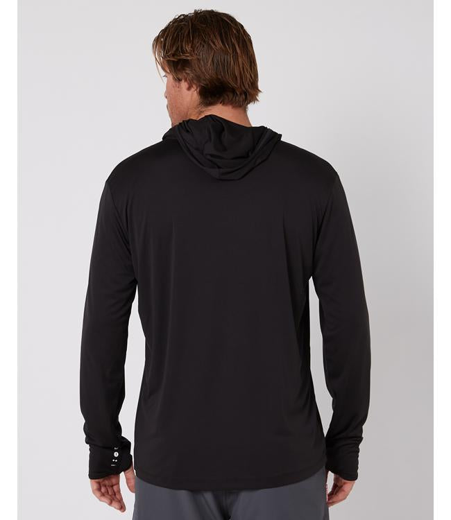 Follow Sun Hood Long Sleeve Black Mens - detail of the hood and flatlock-stitched seams