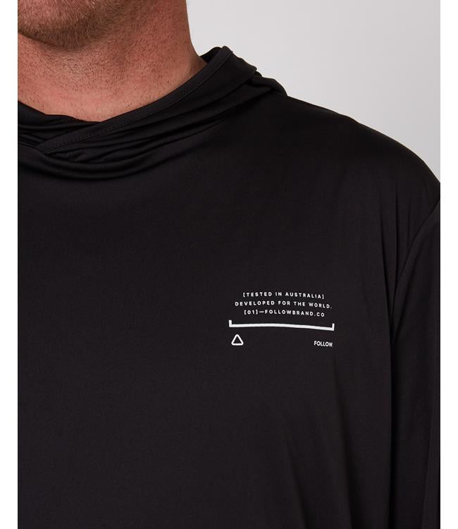 Follow Sun Hood Long Sleeve Black Mens - angled view of the hooded sun top on the water