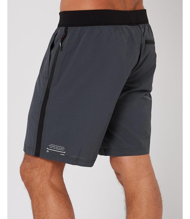 Follow Tech Shorts Stone Mens - angled view of the leg and stretch ride short fabric