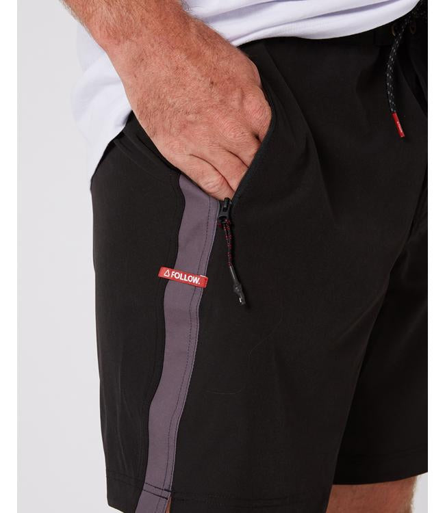 Follow Water Boardies Black Mens - close detail of the responsive stretch quick-dry fabric