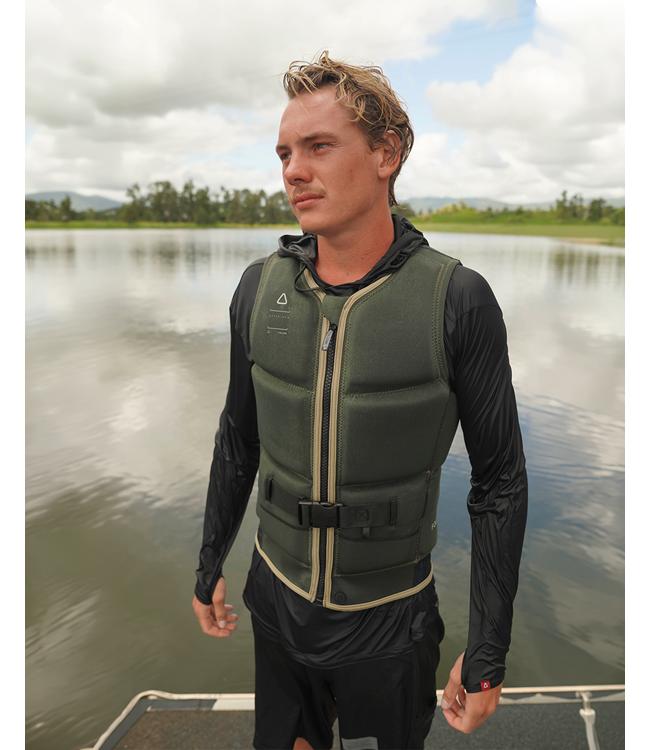 Follow Affiliate Olive Mens Life Vest worn during a deep-water start behind the boat on open water