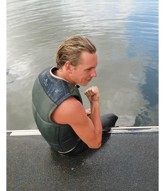 Follow Affiliate Olive Mens Life Vest on a wakeboarder riding the wake on flat open water