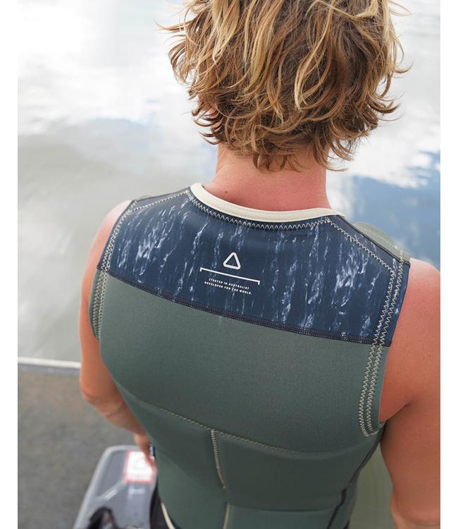 Follow Affiliate Olive Mens Life Vest on a rider setting up for a turn during a wakeboarding session
