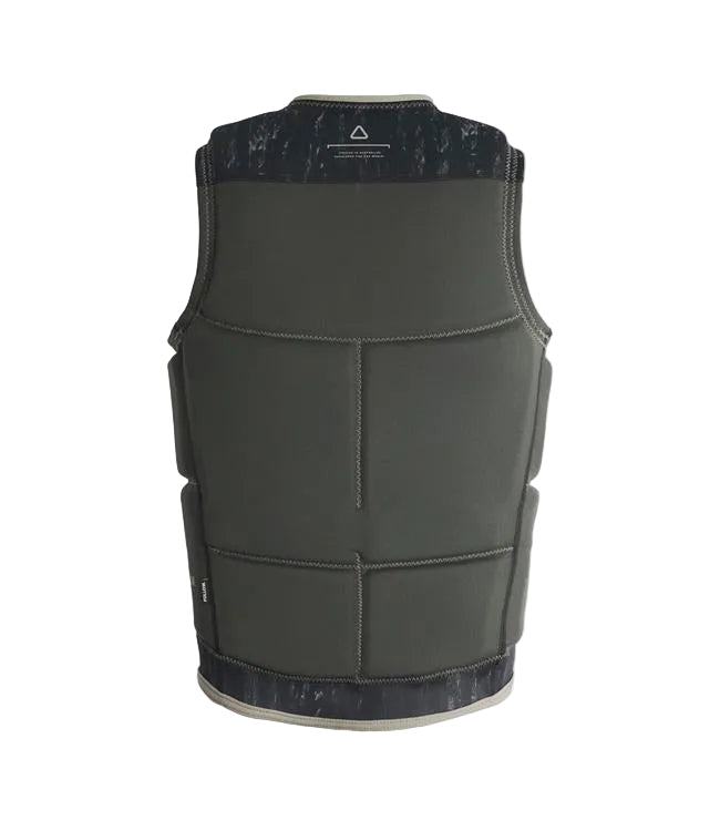 Follow Affiliate Olive Mens Life Vest - back view showing relaxed-fit shoulder room and foam panels