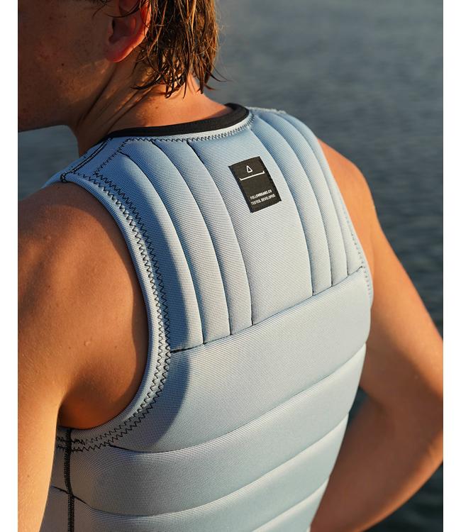 Follow Total Light Blue Mens Life Vest on a rider carving across the wake on open water
