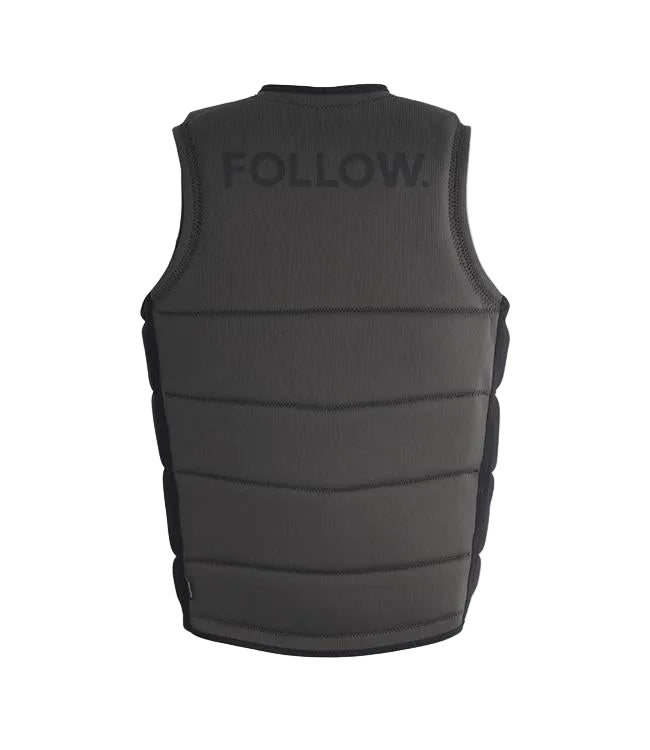Follow Section Black Mens Life Vest - back view showing the segmented foam panels and side straps