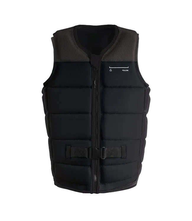 Follow Section Black Mens Life Vest - front view of Level 50S certified segmented foam panels