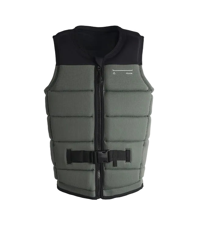 Follow Section Black/Petina Mens Life Vest - front view of Level 50S certified segmented foam panels
