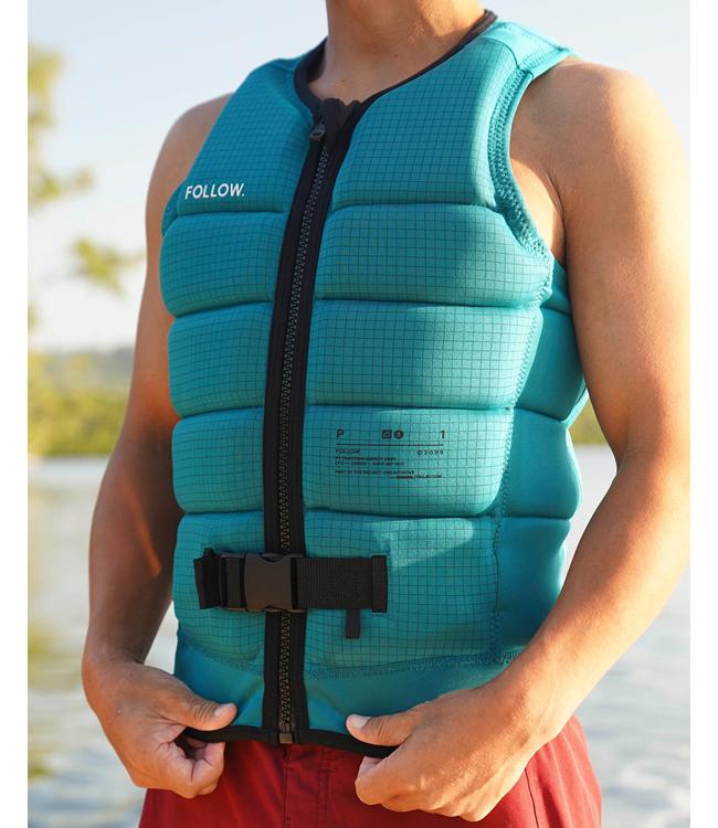 Follow P1 Traction Emerald Mens Life Vest worn during a deep-water start behind the boat
