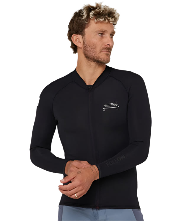 Follow P1 Mens 1mm Zip Thru Heater Top Black - front studio view of the full-zip neoprene wetty top