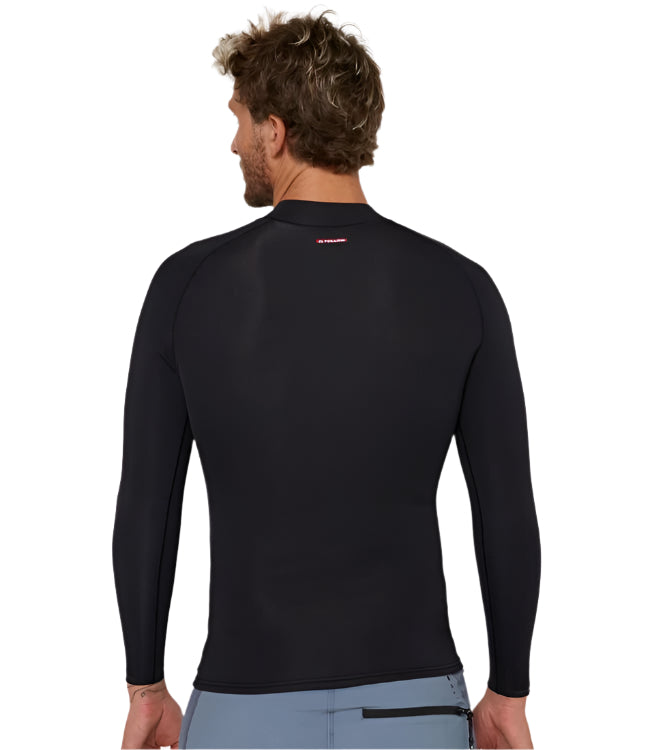 Follow P1 Mens 1mm Zip Thru Heater Top Black - back view showing the flatlock-seam neoprene top