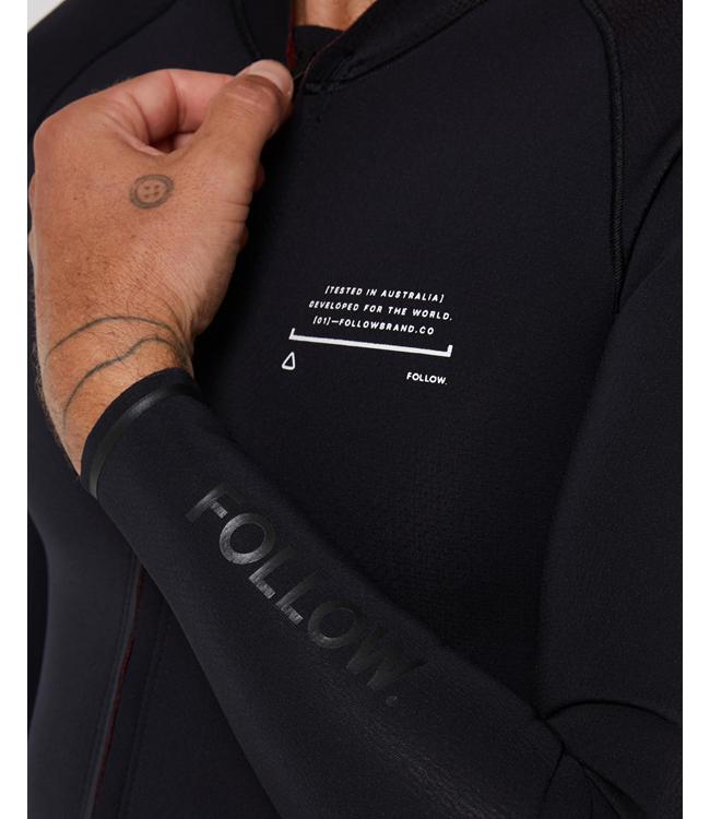 Follow P1 Mens 1mm Zip Thru Heater Top Black - angled view of the zip-through neoprene top