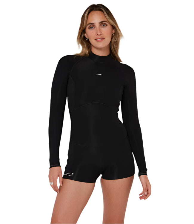 Follow P1 Womens Spring Suit Black - front studio view of the long-sleeve neoprene springsuit