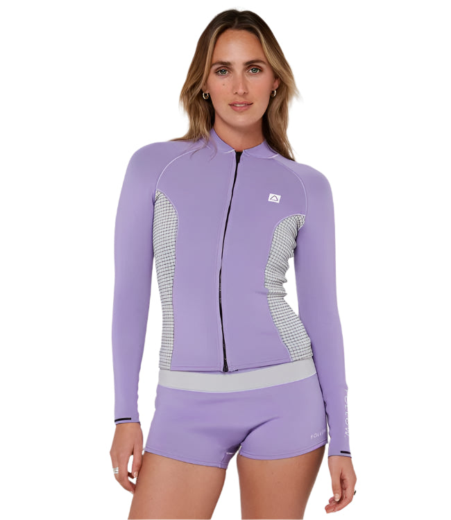 Follow Womens Wetty Top Purple - front view of the ripstop neoprene heater top with full zip