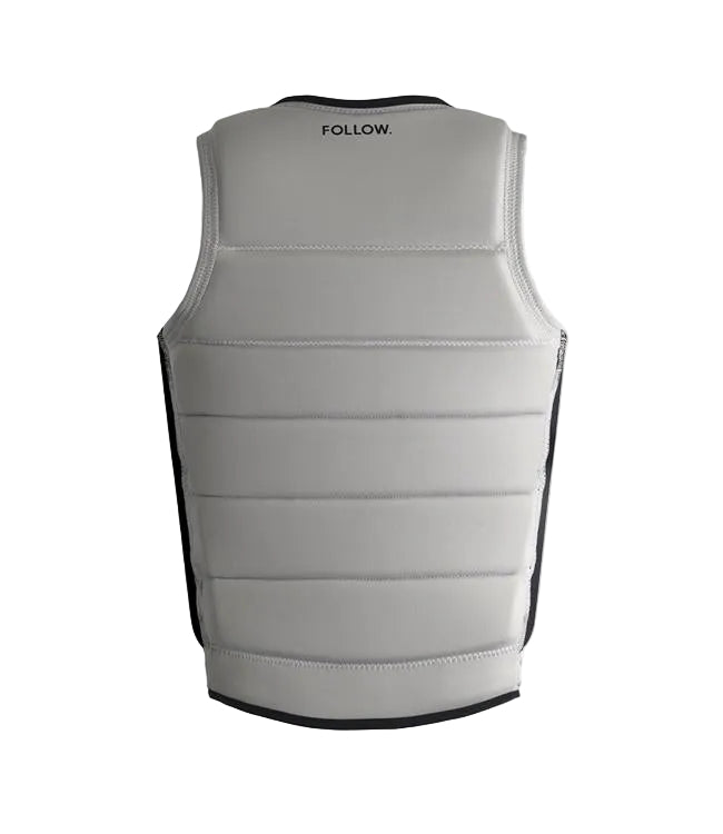 Follow Affix Silver Mens Life Vest - back view showing the tapered fit and segmented foam panels