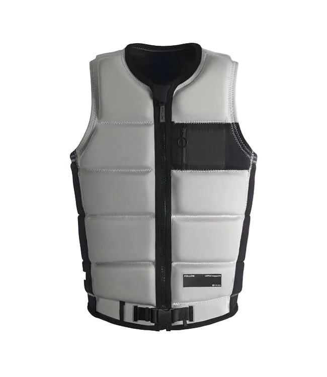 Follow Affix Silver Mens Life Vest - front view of Level 50S certified tapered-cut neoprene panels