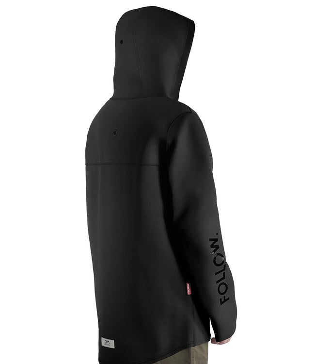 Follow Company Neo Jacket Black - side view of the neoprene cut and full-length front zip detail