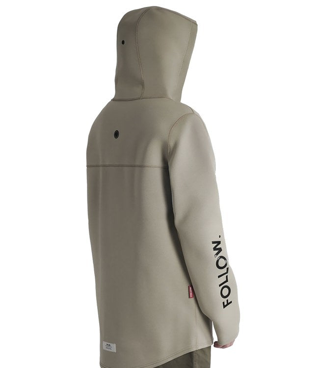 Follow Company Neo Jacket Khaki - back view showing stretch neoprene panels and flat-lock seams