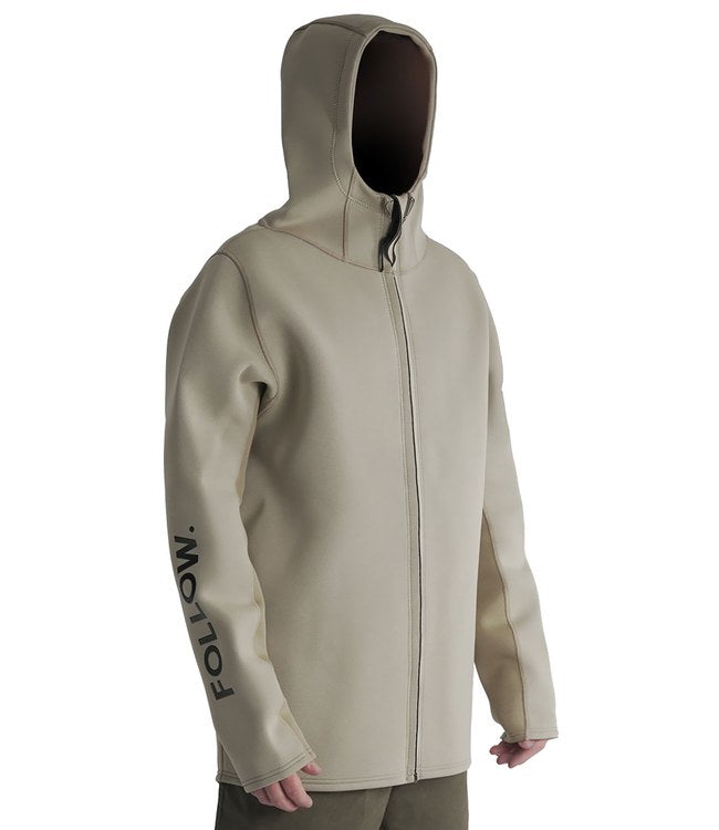 Follow Company Neo Jacket Khaki - angled view of the 2mm Quad-S stretch neoprene and front zip