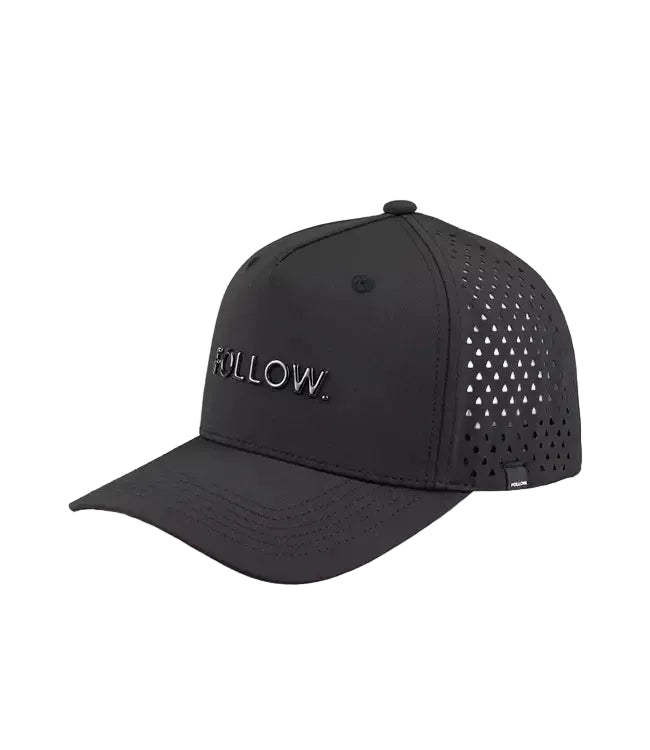 Follow Curved All Day Cap Black - side profile showing the curved brim and stitched panels