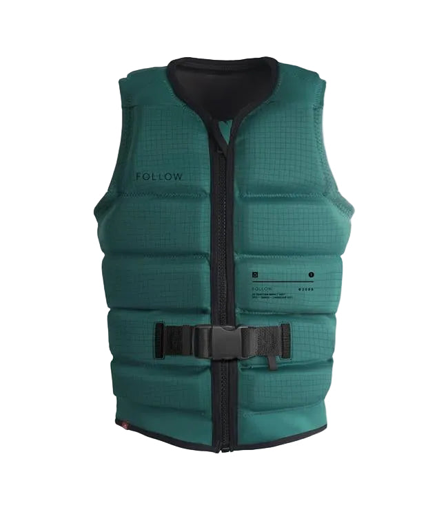 Follow P1 Traction Emerald Womens Life Vest - front view of Level 50S certified 4-way stretch panels