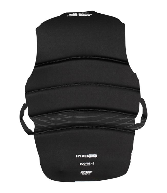 Jetpilot Vault Hyperflex Black Mens Life Vest back view showing segmented hyperflex neoprene panels
