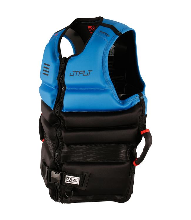 Jetpilot Vault Hyperflex Blue Mens Life Vest back view with hyperflex neoprene PWC panels