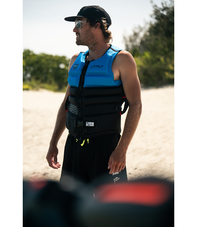 Jetpilot Vault Hyperflex Blue Mens Life Vest rider portrait showing torso panel articulation
