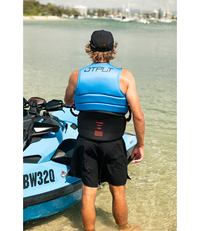 Jetpilot Vault Hyperflex Blue Mens Life Vest worn close shot showing collar and side cinch