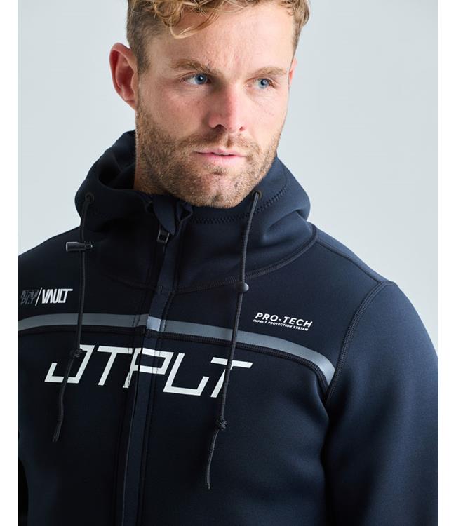 Jetpilot RX Vault Black Tour Coat detail of front zip and chest pocket on neoprene jet ski jacket
