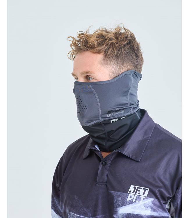 Jetpilot Venture Gaiter Black close detail of breathable stretch fabric and ear loop fit