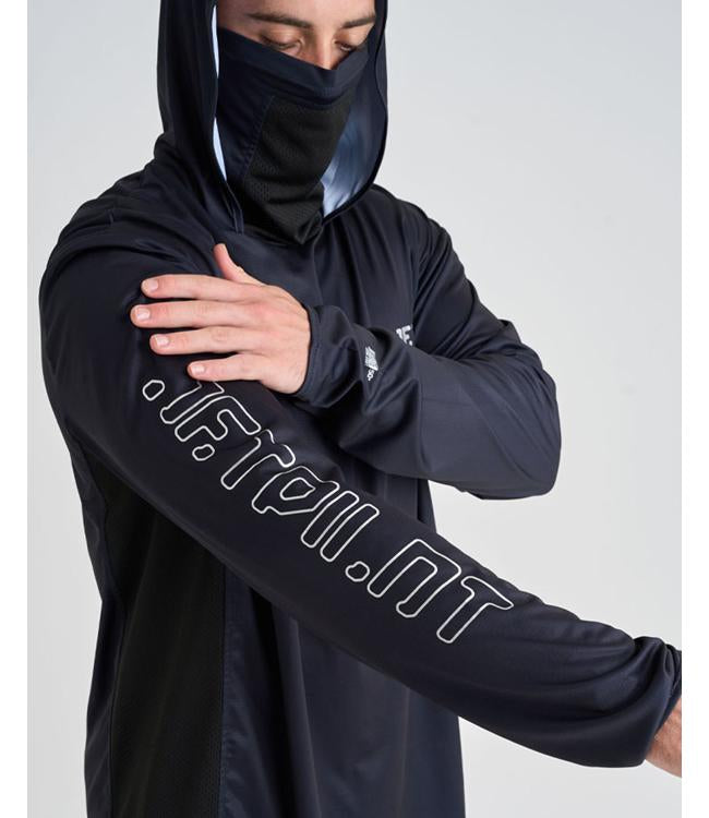 Jetpilot Venture Gaiter Pullover Black hooded rashie close-up detail of fabric stretch and seams