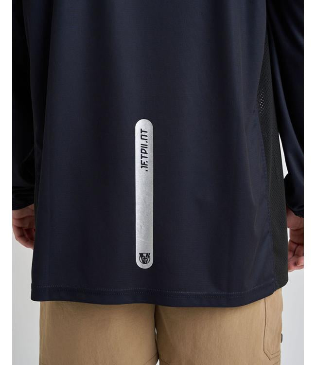Jetpilot Venture Gaiter Pullover Black hooded rashie worn lifestyle shot with hood down on rider
