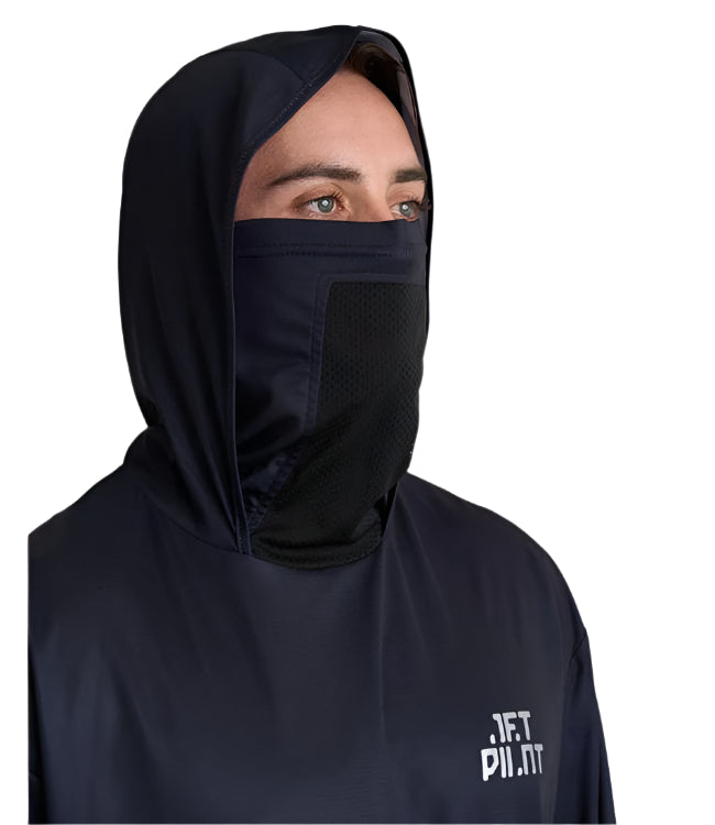 Jetpilot Venture Gaiter Pullover Black hooded rashie lifestyle shot worn by jetski rider on water