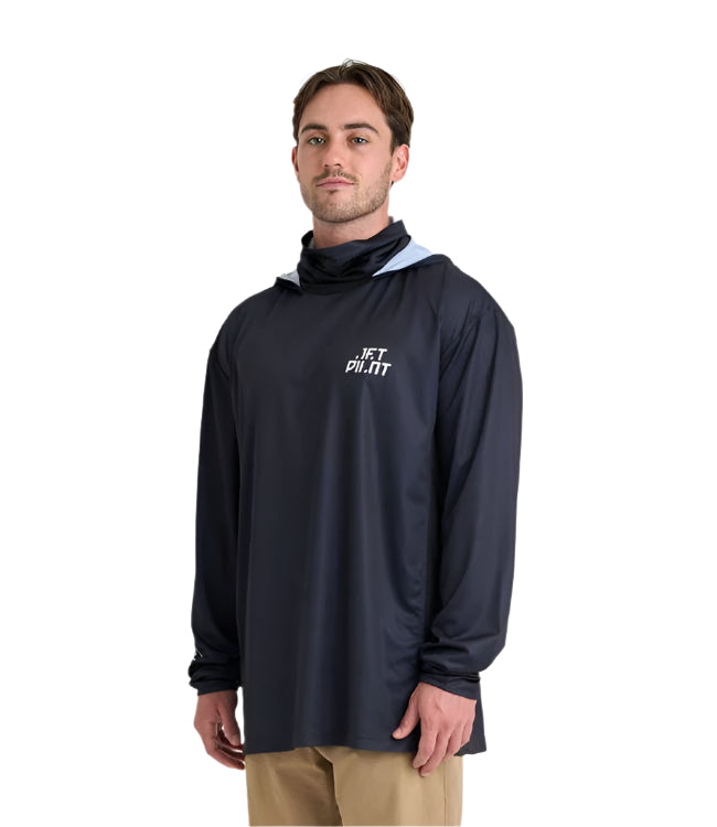 Jetpilot Venture Gaiter Pullover Black Mens hooded rashie front view UPF 50+ jetski sun protection