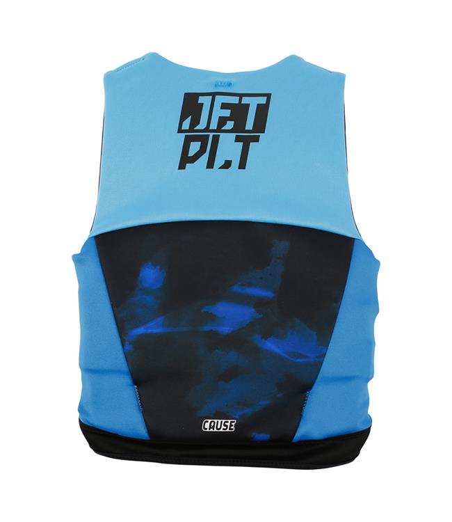 Jetpilot Cause Blue Youth Life Vest back view with segmented neoprene panels sized for kids