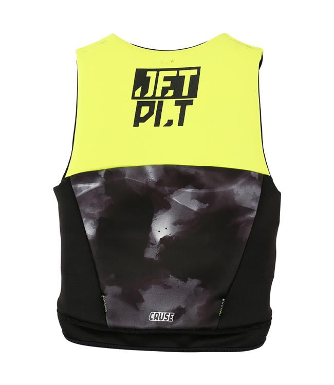 Jetpilot Cause Yellow Youth Life Vest back view with segmented Eco neoprene panels for kids