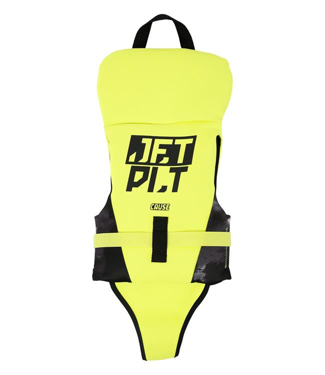 Jetpilot Cause Yellow Infant Life Vest back view with crotch strap and head-support collar for babies