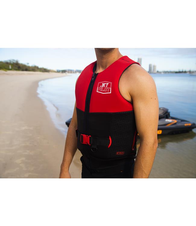 Jetpilot Cause Red Mens Life Vest on-water action shot during wakeboarding showing comfortable fit
